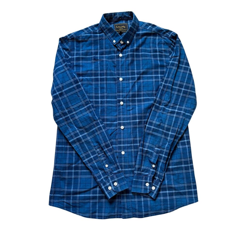 La Familia Shirt Mens Medium Blue Plaid Button Down Slim Fit Exclusive Sz M